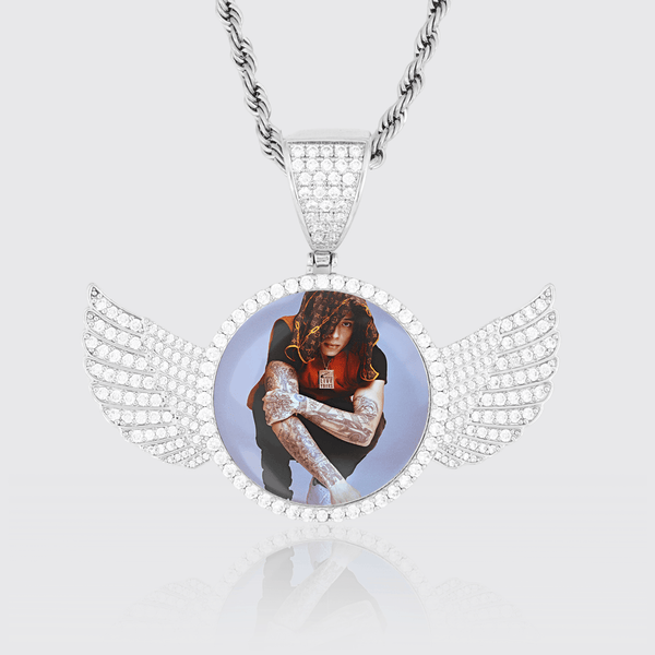 Custom Image Wings Pendant with diamond simulants and rope chain, personalized memorial jewelry.