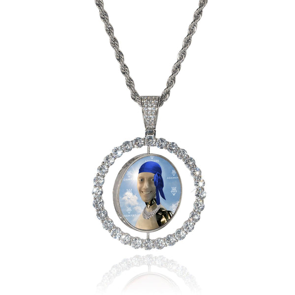 Single Row Spinning Custom Image Pendant with VS diamond simulants and flooded bail.