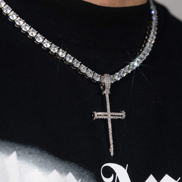 Diamond Nail Cross Pendant - White Gold