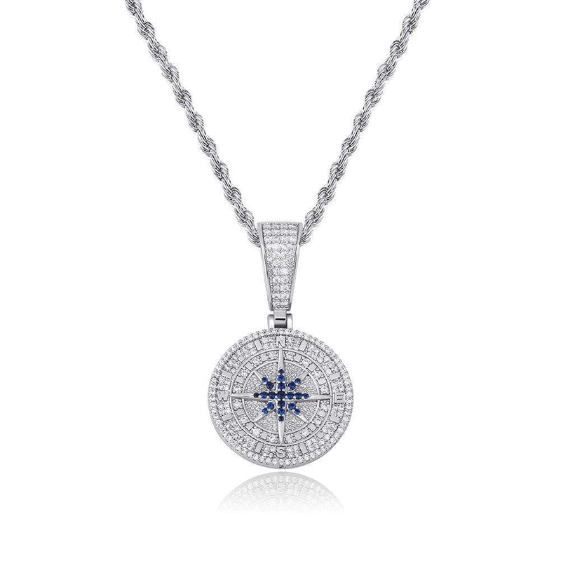 Iced Compass Pendant - White Gold