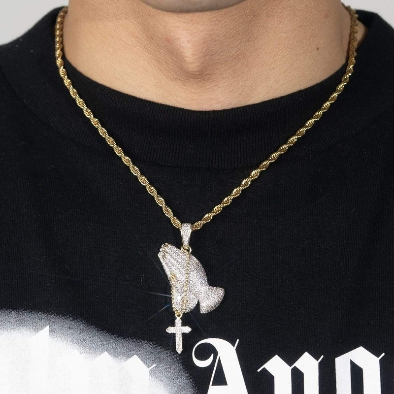 MaxBling81 Hip Hop Iced Out White Gold Plated Large Praying Hands Pendant – Bling Lab Diamond Style, Gold Color