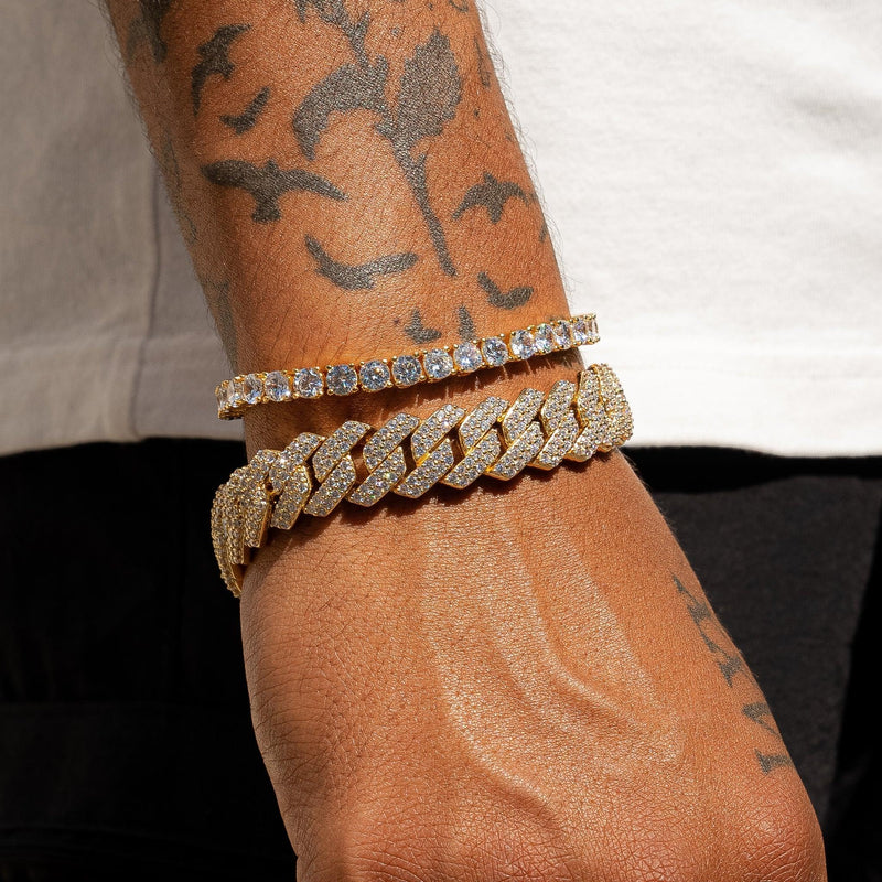 Monaco Link and Tennis Bracelet Bundle in Gold on wrist.