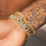 Gold Monaco Link and Tennis Bracelet Bundle on wrist.