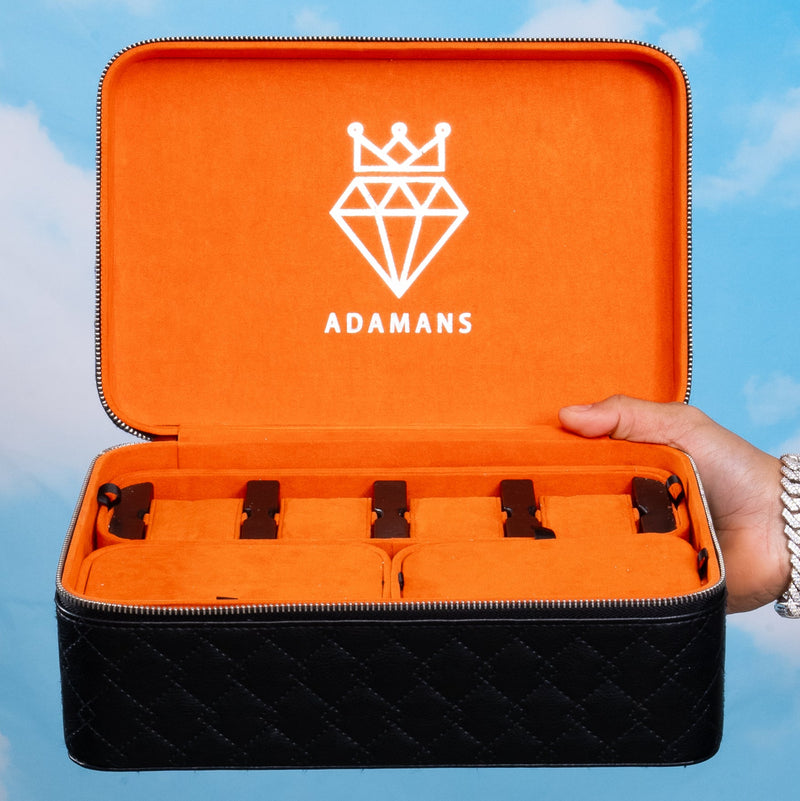 Leather Travel Jewellery Case - Jet Black & Orange