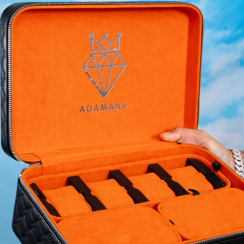 Leather Travel Jewellery Case - Jet Black & Orange